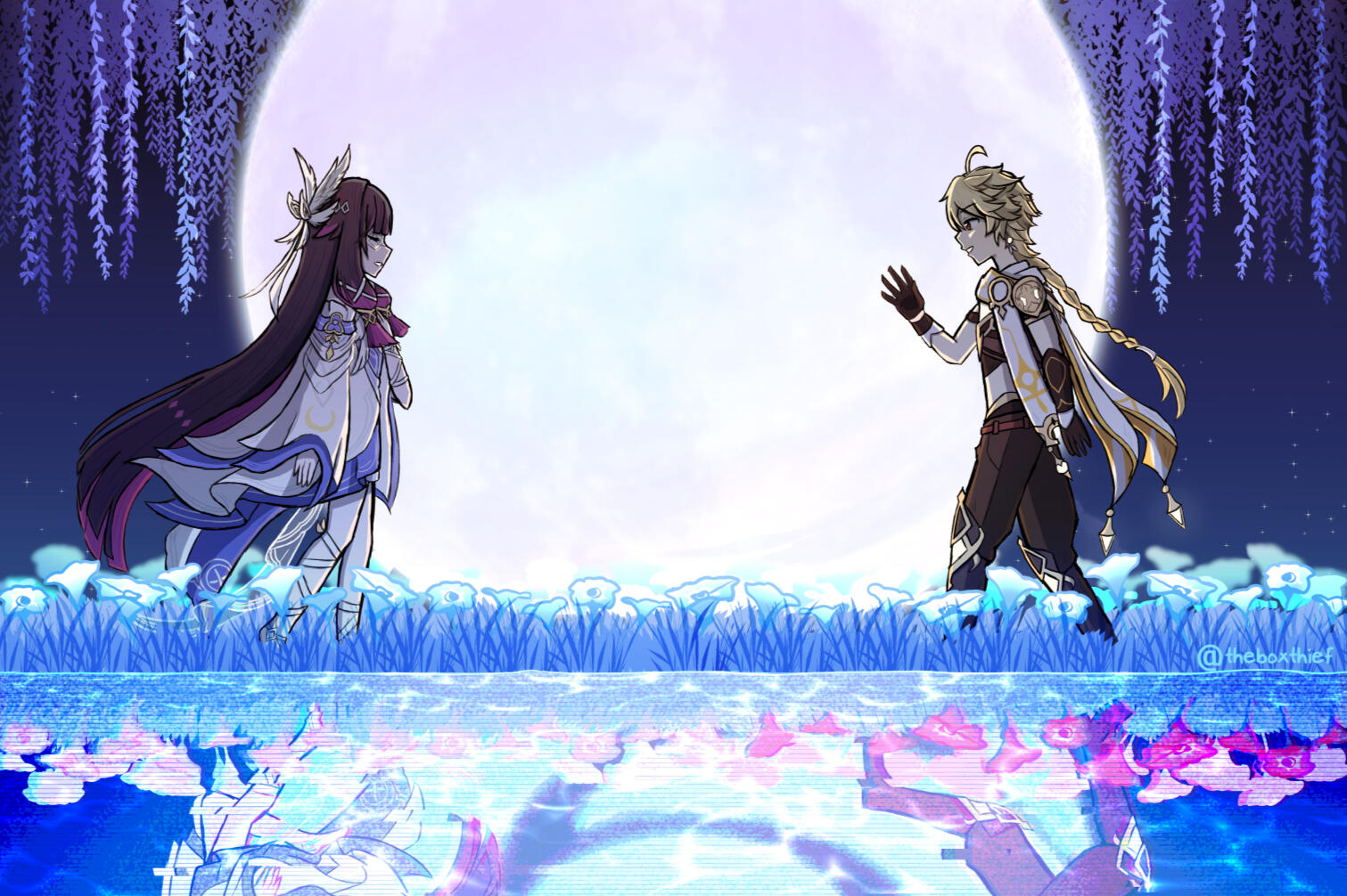 "When Our Space and Time Intersect" - Columbina and Aether from Genshin Impact